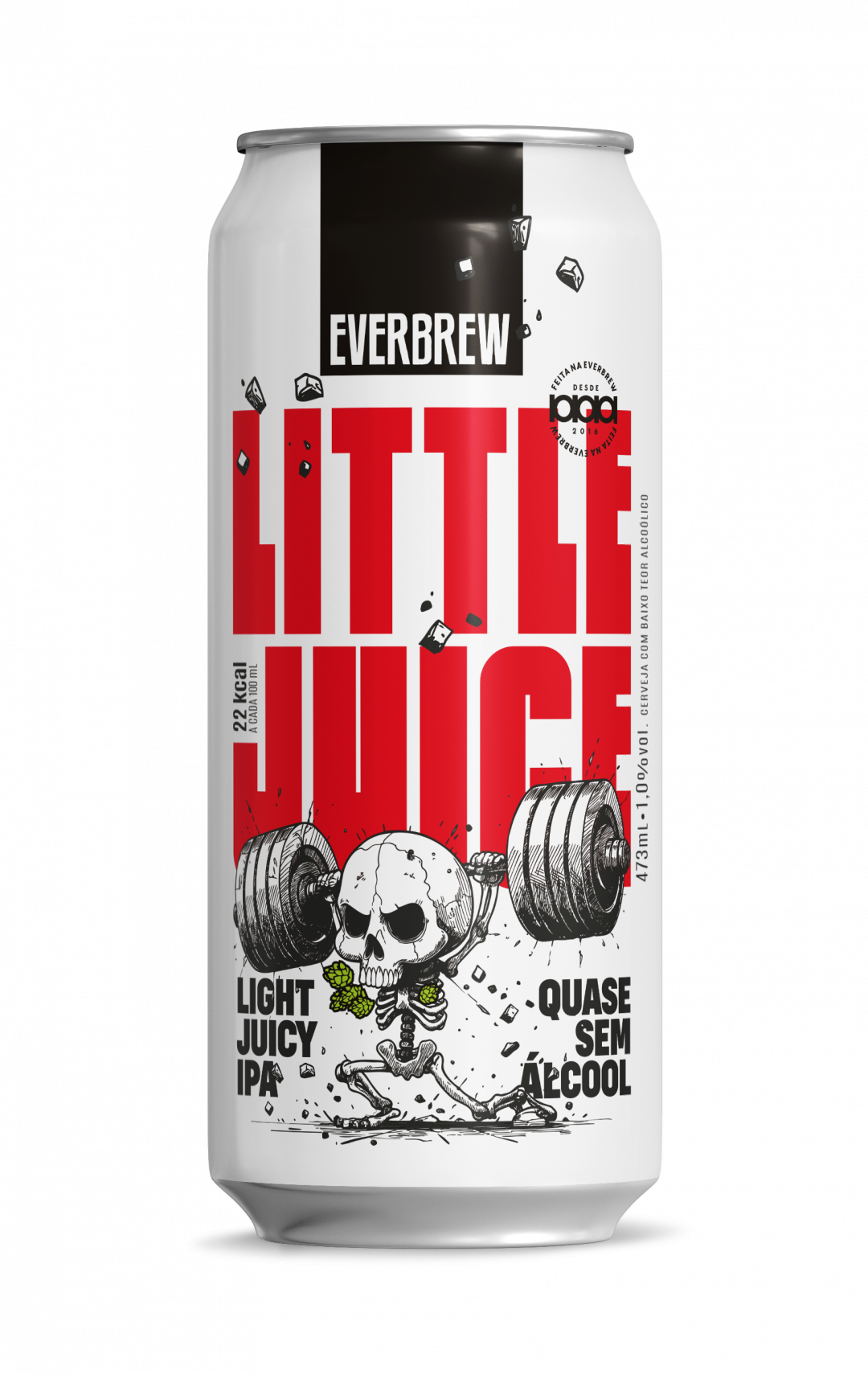 Lata 473ml rótulo Little Juice - Light Juicy IPA da Cervejaria Everbrew com 22kcal/100ml e 1% ABV.